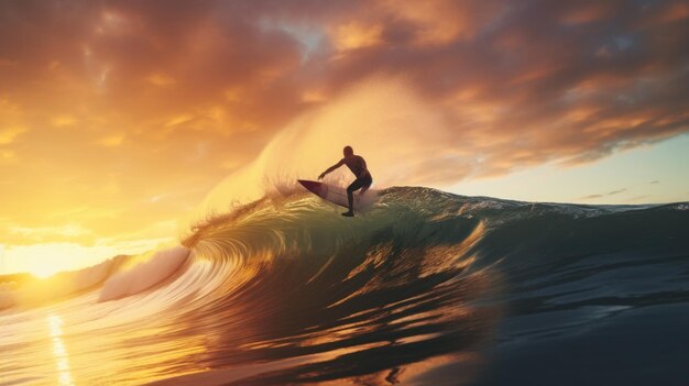 Een surfer die op een golf in de oceaan rijdt met de zon achter zich