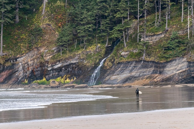 Een surfer gaat het water in met zijn board en een waterval op de achtergrond bij Oswald West State Park