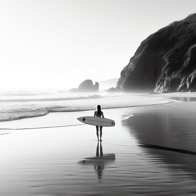 Foto een surfer staat op het strand met de oceaan op de achtergrond