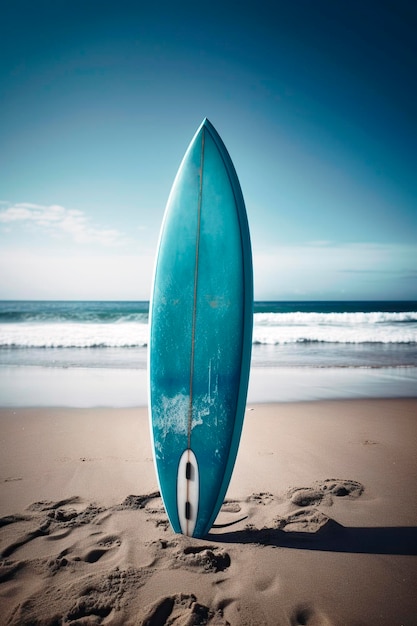 Een surfplank die vastzit in het zand op een strand Generatieve AI