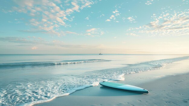 Een surfplank ligt op het strand bij de azuurblauwe oceaan.