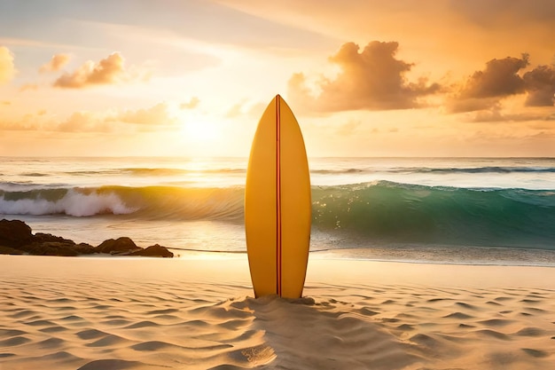 Een surfplank op het zand van een strand