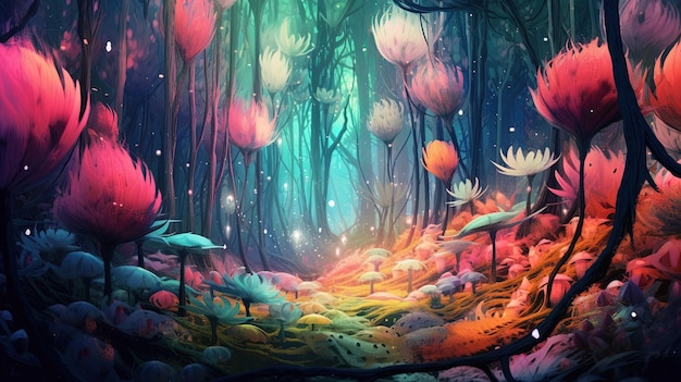 Een surrealistisch bos met bomen gemaakt van veren Fantasieconcept Illustratie schilderij Generatieve AI