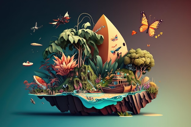 Een surrealistisch drijvend eiland vol tropische planten en dieren, waaronder een kleurrijke vlinder