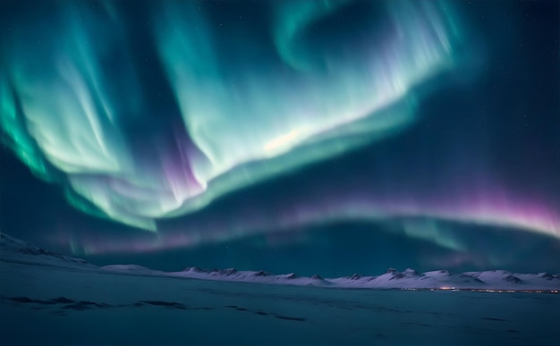 Een surrealistisch en etherisch beeld van het noorderlicht dat boven een sno aan een met sterren bezaaide nachtelijke hemel danst