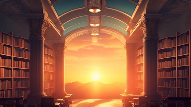 Een surrealistisch landschap van een bibliotheek vol filosofische boeken met op de achtergrond ondergaande zon