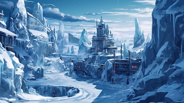 Een surrealistisch landschap van een stad gemaakt van ijs Fantasieconcept Illustratie schilderij Generatieve AI