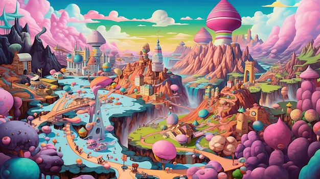 Een surrealistisch landschap van een stad gemaakt van snoep Fantasieconcept Illustratie schilderij Generatieve AI