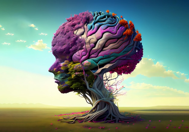 Een surrealistisch landschap van een torenhoge boom met een menselijk brein als stam die meditatie en mindfulness beoefent, een kalme expressie Generative Ai