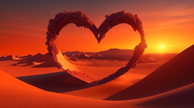 Een surrealistische 3D-weergave van een hartvormige woestijn met een vurige zonsondergang