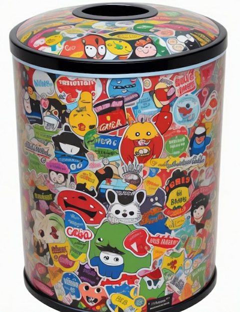 Een surrealistische abstracte vuilnisbak met allerlei stickers eromheen