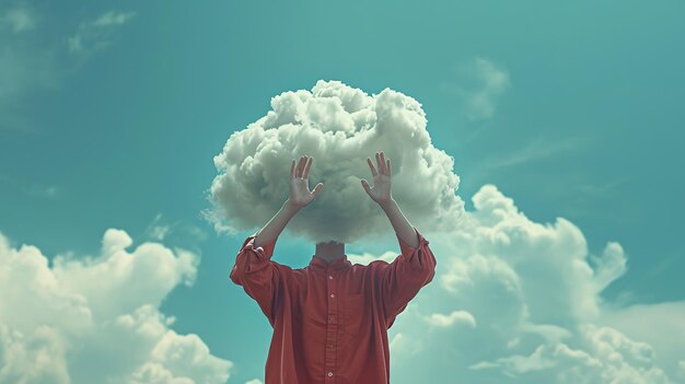 Foto een surrealistische compositie waar een persoon met een wolk voor een hoofd een metafoor voor