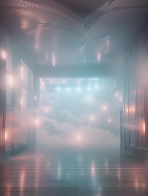 Een surrealistische digitale kamer met een mysterieuze mist die vanuit de hoeken naar binnen komt rollen