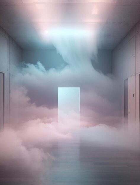 Een surrealistische digitale kamer met een mysterieuze mist die vanuit de hoeken naar binnen komt rollen