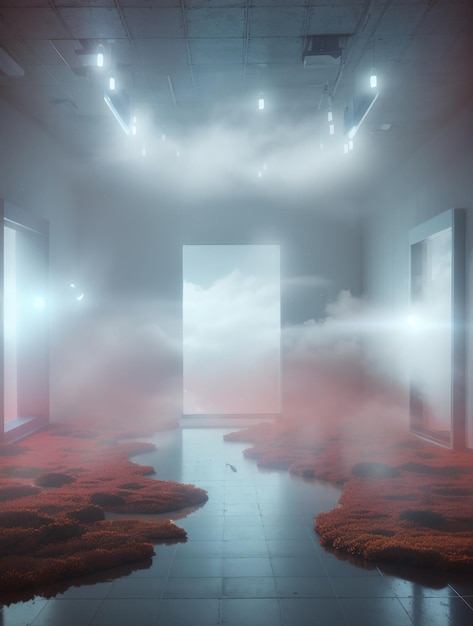 Een surrealistische digitale kamer met een mysterieuze mist die vanuit de hoeken naar binnen komt rollen