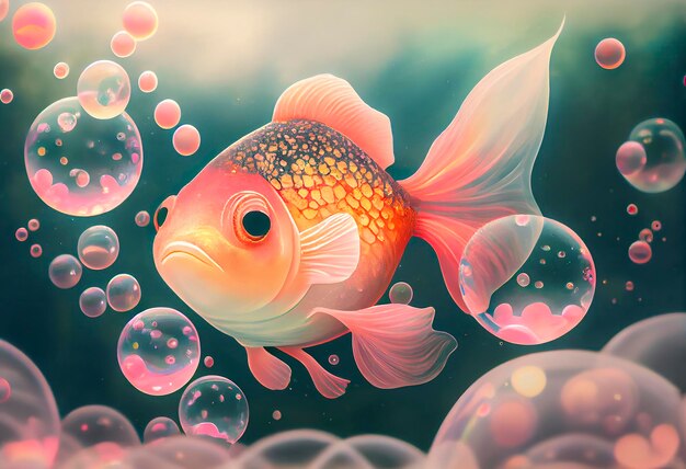 Een surrealistische hyperrealistische sprookjesachtige schattige knuffelvis De achtergrond is een landschap met perzikroze en iriserende zeepbellen die rondzweven