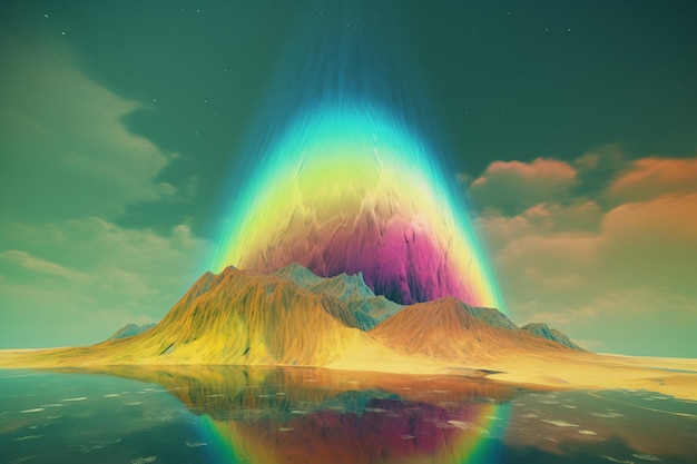 Een surrealistische illustratie van een vervormd of gemanipuleerd natuurfenomeen zoals een regenboog of aurora