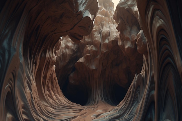 Een surrealistische illustratie van een vervormde of gemanipuleerde natuurlijke formatie, zoals een grot of rotswand