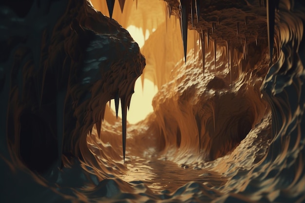 Een surrealistische illustratie van een vervormde of gemanipuleerde natuurlijke formatie zoals een waterval of grot