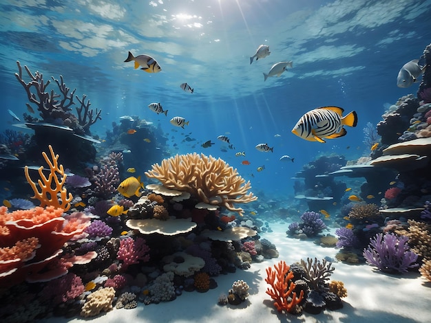 Een surrealistische onderwaterwereld met levendige koraalriffen en exotische zeedieren