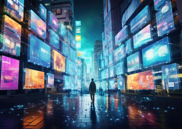 Foto een surrealistische weergave van een futuristische stad waar ai alle financiële activiteiten holografisch regelt