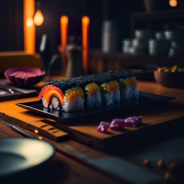 Een sushi cake met een regenboog erop