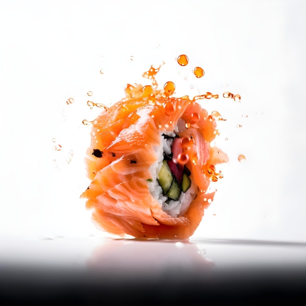 Een sushi die de lucht in is gegooid en de lucht in wordt gegooid.
