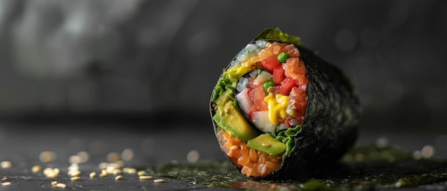 Een sushi rol gevuld met een verscheidenheid aan verse groenten zoals komkommer avocado en paprika's netjes gerangschikt en gerold in zeewier en rijst