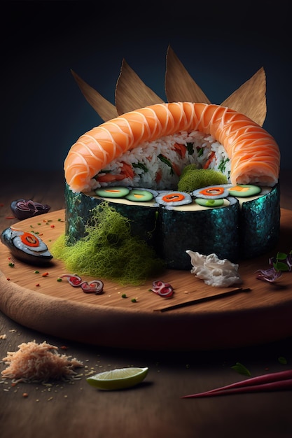 Een sushicake met een schelp van zeewier erop.