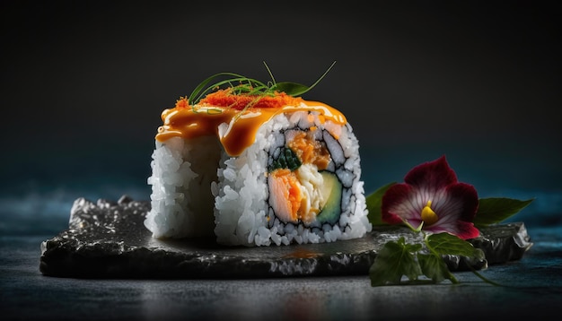 Een sushirol met een rode saus erop en een bloem aan de zijkant.