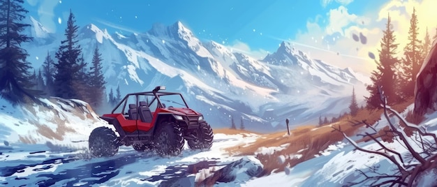 Een SUV rijdt langs de weg in de besneeuwde bergen Buggy rijdt op winterwegen Generative ai Offroad
