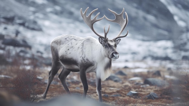 Een Svalbard mannelijk rendier met grote geweitakken die in de wintertoendra Generative Ai lopen