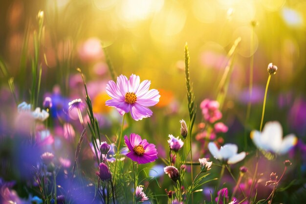 Een symfonie van delicate bloemen die bloeien in een zonovergoten weide