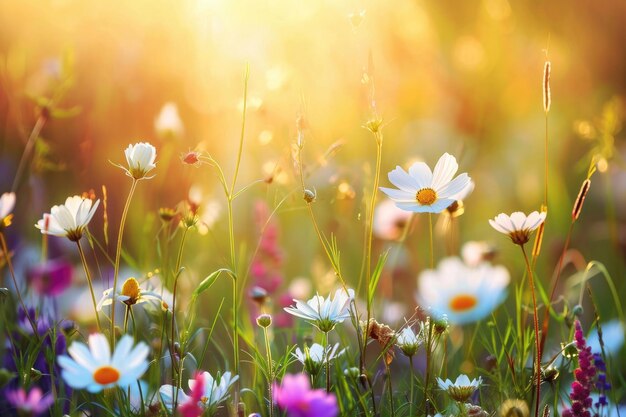 Een symfonie van delicate bloemen die bloeien in een zonovergoten weide