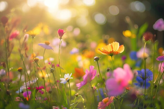 Een symfonie van delicate bloemen die bloeien in een zonovergoten weide