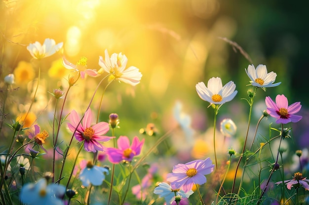 Een symfonie van delicate bloemen die bloeien in een zonovergoten weide