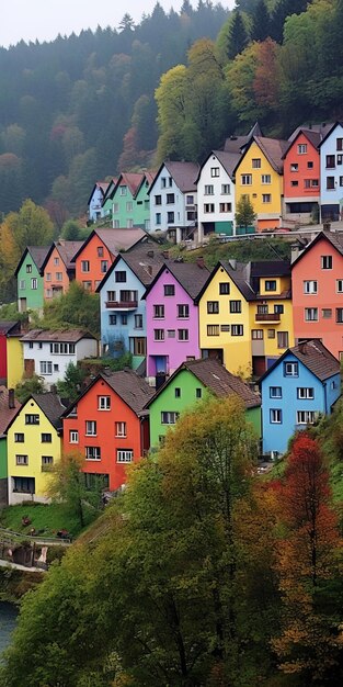 Foto een symfonie van kleuren huizen aan de heuvel in levendige huizen in de bergen