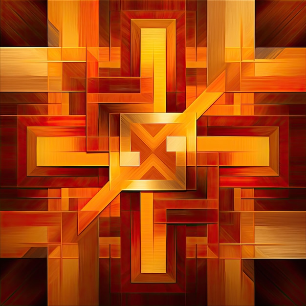 Een symmetrisch patroon van overlappende vierkanten in oranje en bruine tinten