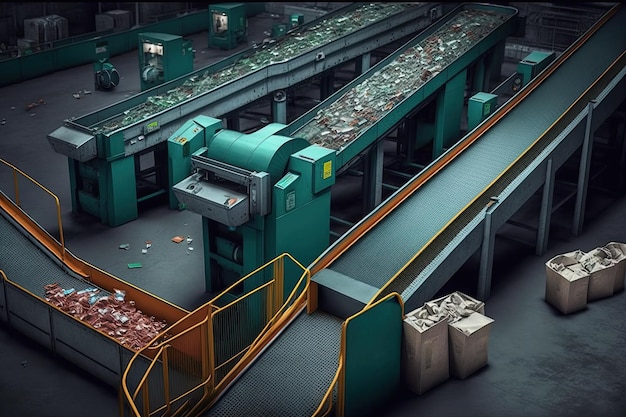 Een systeem van transportbanden die gesorteerde recyclebare materialen transporteren van de verzamelbakken naar het recyclingcentrum