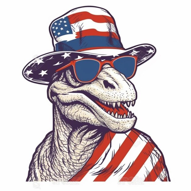 Foto een t-rex met een hoed en zonnebril met een amerikaanse vlag generatieve ai