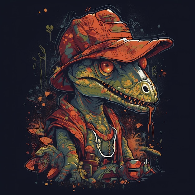 Een t - rex met een rode pet en een shirt met de tekst 't - rex' erop