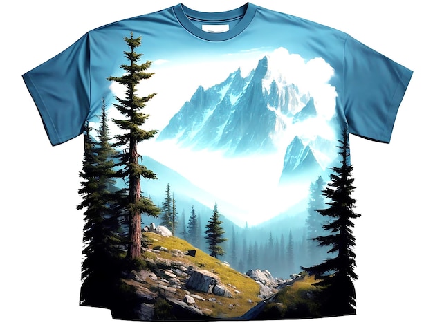 Een t-shirt met bomen en bergen