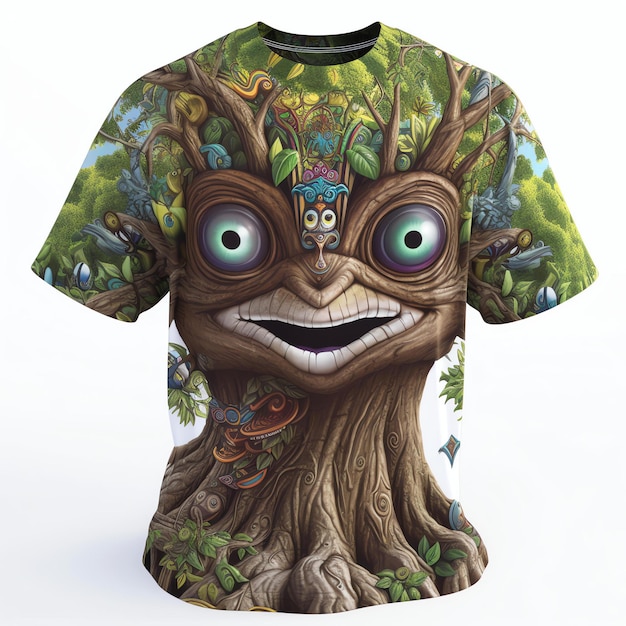 Een t - shirt met een boom erop met een gezicht en een boom erop.