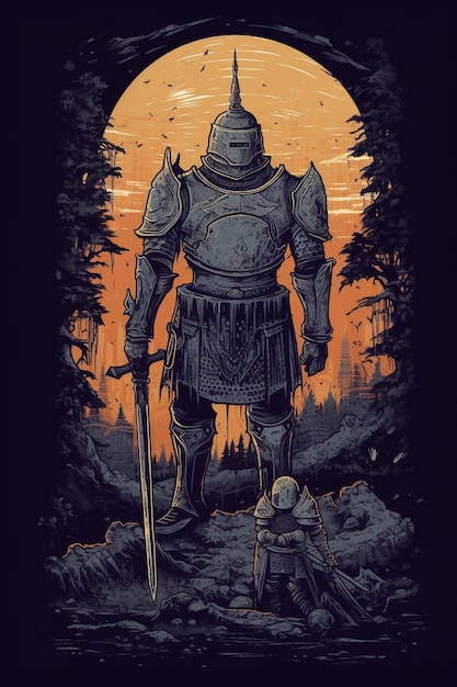 Een t-shirtontwerp van een Dark Souls-indringer die op het lichaam van een andere ridder staat