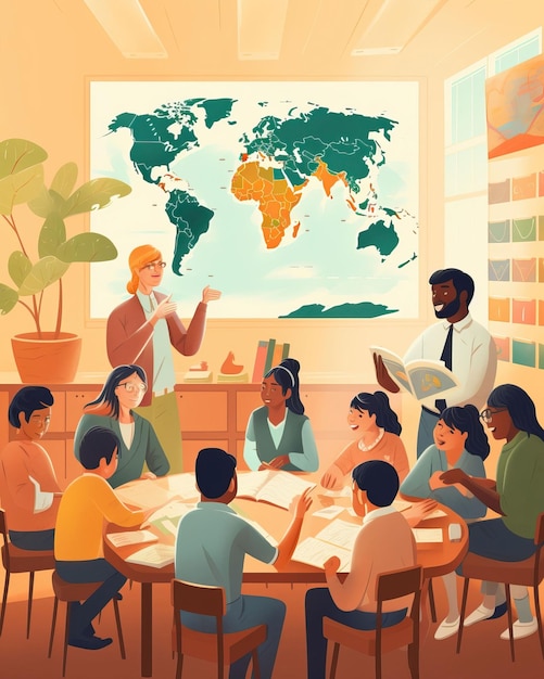 Een taalcursus waarbij studenten gespreksvaardigheden oefenen en verschillende culturen verkennen