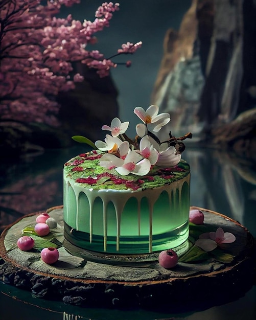 Een taart met bloemen erop en een boom op de achtergrond