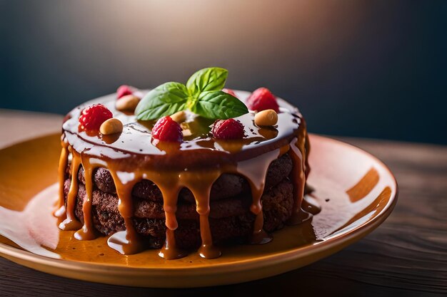 een taart met chocolade en aardbeien op een bord