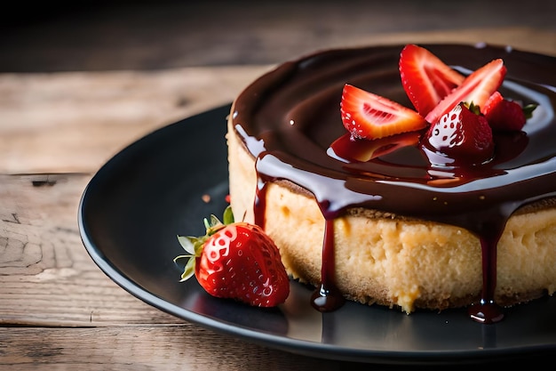 Een taart met chocoladesaus en aardbeien op een bord