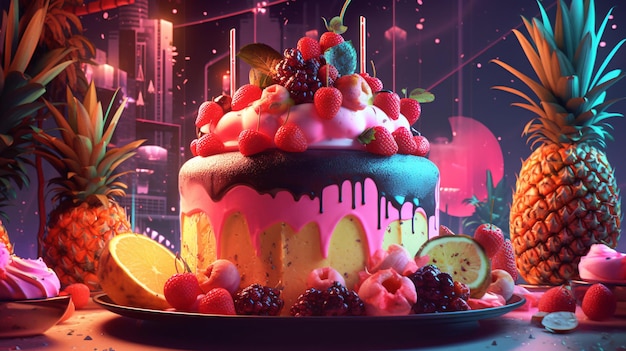 Foto een taart met daarop een roze taart met frambozen en bramen