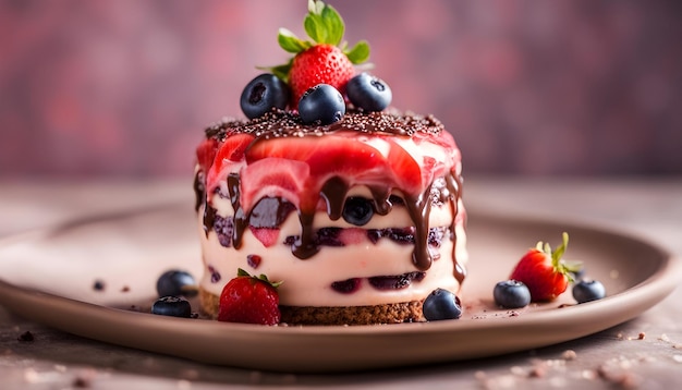 een taart met een aardbei erop zit op een bord met een aardbeien erop